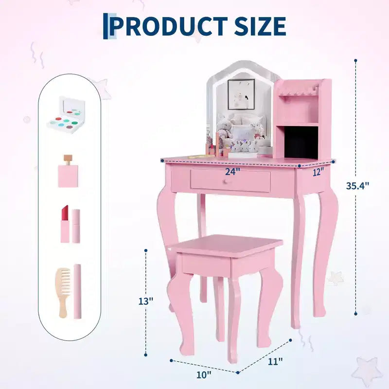 Coiffeuse pour enfants avec miroir lumineux, coiffeuse et tabouret pour petites filles, ensemble de table de maquillage pour tout-petits et ensemble de jeu de maquillage pour les filles de 3 à 8 ans