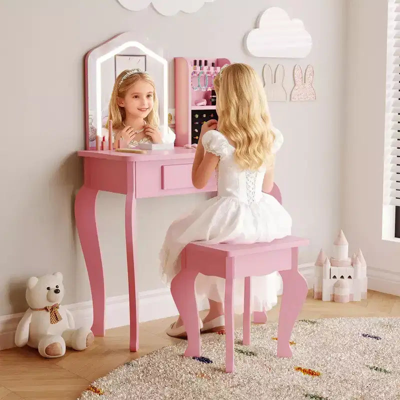 Coiffeuse pour enfants avec miroir lumineux, coiffeuse et tabouret pour petites filles, ensemble de table de maquillage pour tout-petits et ensemble de jeu de maquillage pour les filles de 3 à 8 ans