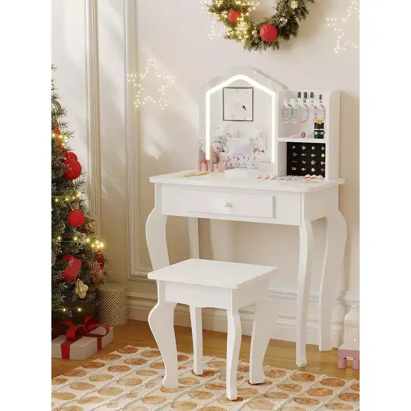 Coiffeuse pour enfants avec miroir lumineux, coiffeuse et tabouret pour petites filles, ensemble de table de maquillage pour tout-petits et ensemble de jeu de maquillage pour les filles de 3 à 8 ans