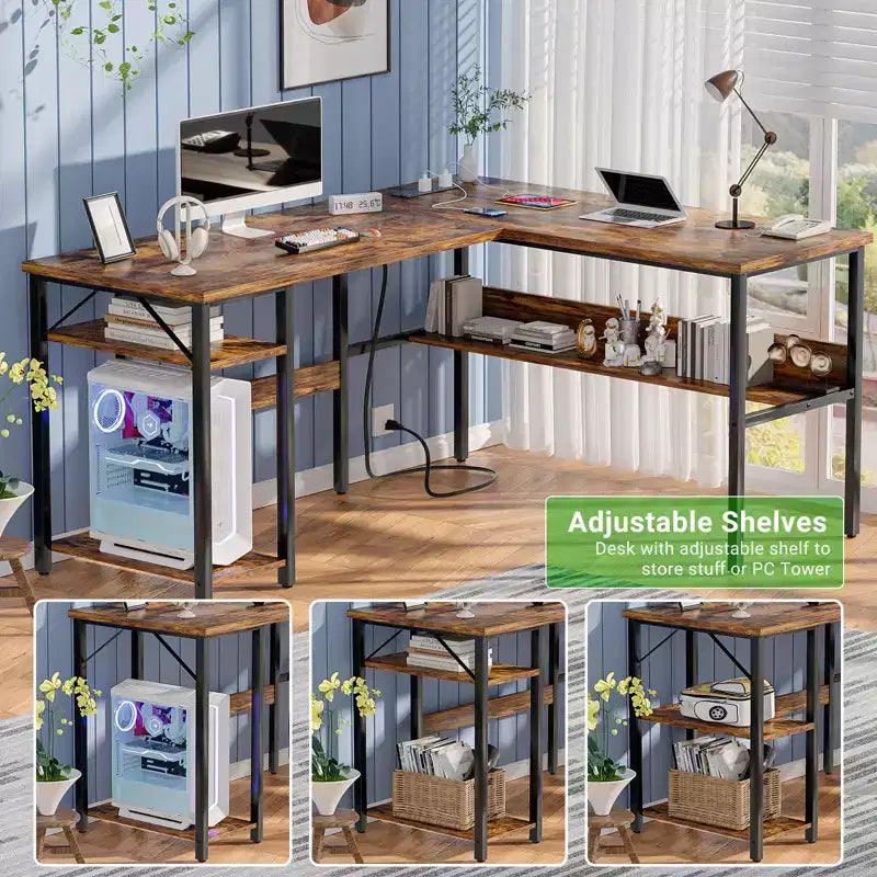Bureau d'angle en L de 119 cm avec rangement, prise de courant et ports USB – Conception réversible