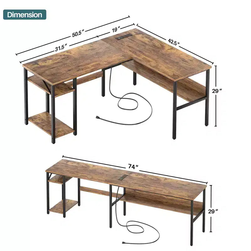 Bureau d'angle en L de 119 cm avec rangement, prise de courant et ports USB – Conception réversible