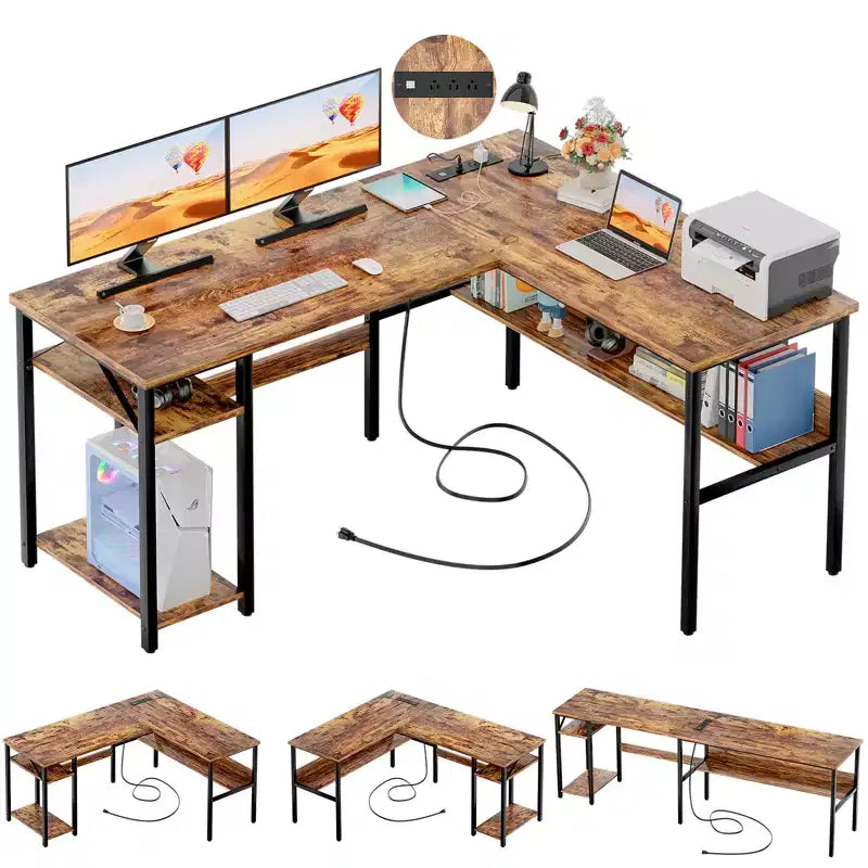 Bureau d'angle en L de 119 cm avec rangement, prise de courant et ports USB – Conception réversible