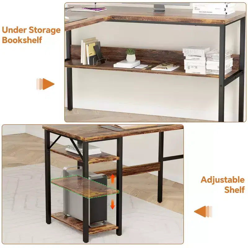 Bureau d'angle en L de 119 cm avec rangement, prise de courant et ports USB – Conception réversible