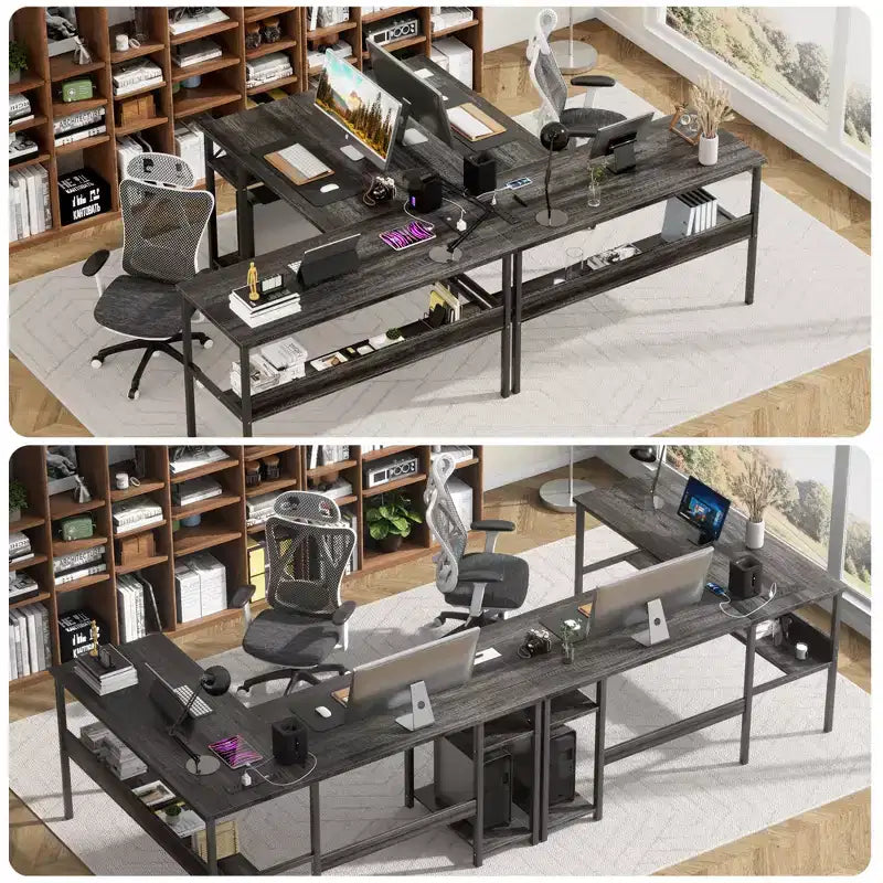 Bureau d'angle en L de 119 cm avec rangement, prise de courant et ports USB – Conception réversible