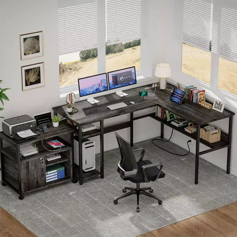 Bureau d'angle en L de 119 cm avec rangement, prise de courant et ports USB – Conception réversible