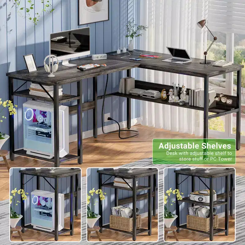Bureau d'angle en L de 119 cm avec rangement, prise de courant et ports USB – Conception réversible