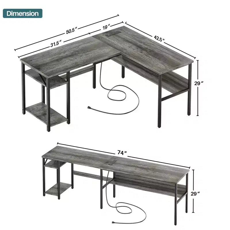 Bureau d'angle en L de 119 cm avec rangement, prise de courant et ports USB – Conception réversible