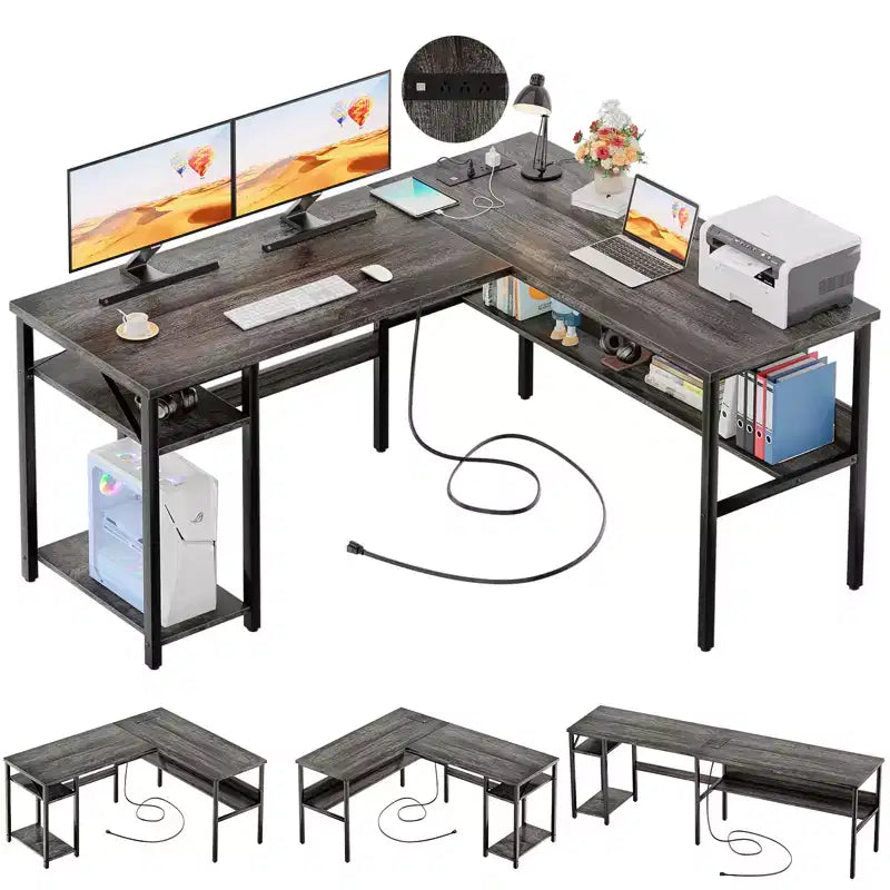 Bureau d'angle en L de 119 cm avec rangement, prise de courant et ports USB – Conception réversible