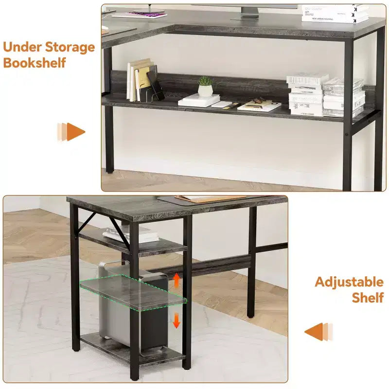 Bureau d'angle en L de 119 cm avec rangement, prise de courant et ports USB – Conception réversible