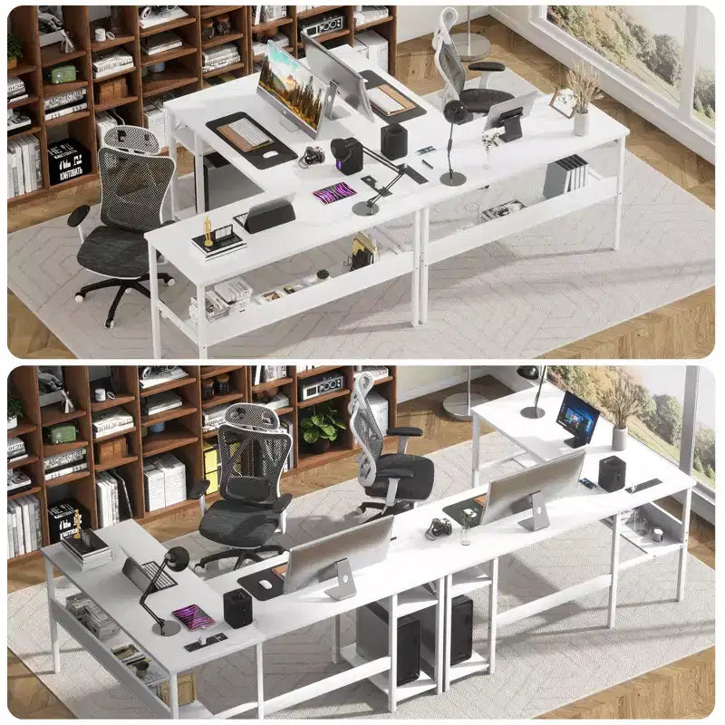 Bureau d'angle en L de 119 cm avec rangement, prise de courant et ports USB – Conception réversible