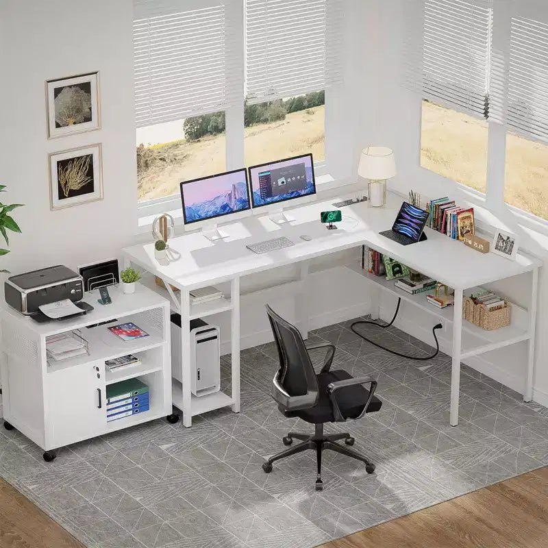 Bureau d'angle en L de 119 cm avec rangement, prise de courant et ports USB – Conception réversible