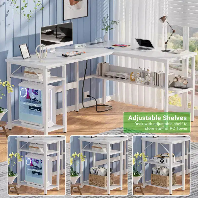 Bureau d'angle en L de 119 cm avec rangement, prise de courant et ports USB – Conception réversible