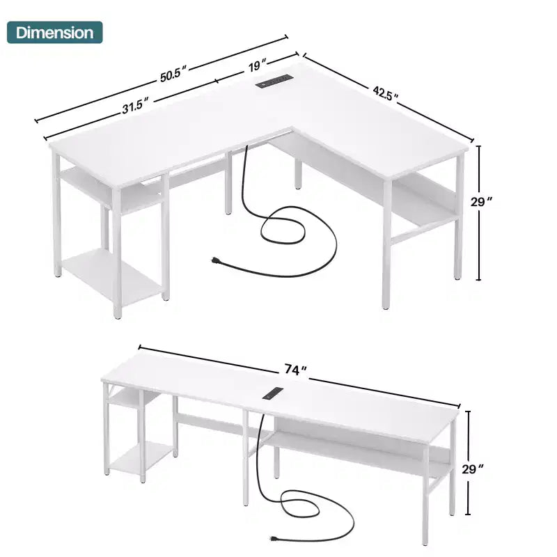 Bureau d'angle en L de 119 cm avec rangement, prise de courant et ports USB – Conception réversible