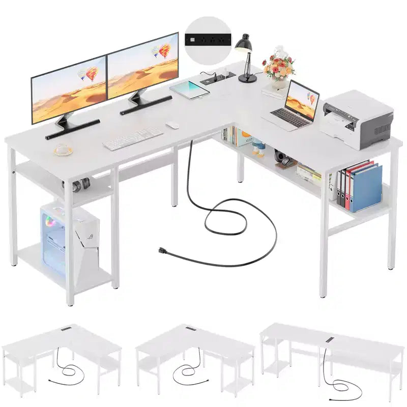 Bureau d'angle en L de 119 cm avec rangement, prise de courant et ports USB – Conception réversible