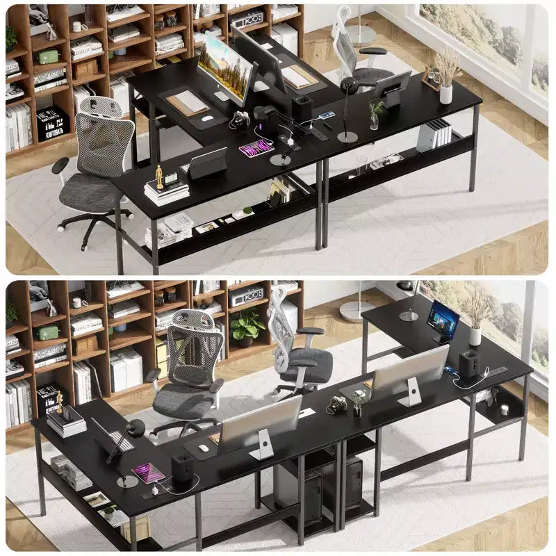 Bureau d'angle en L de 119 cm avec rangement, prise de courant et ports USB – Conception réversible