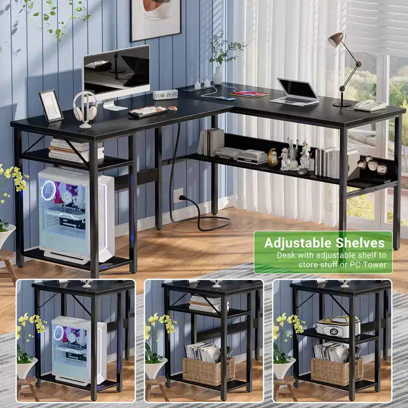 Bureau d'angle en L de 119 cm avec rangement, prise de courant et ports USB – Conception réversible
