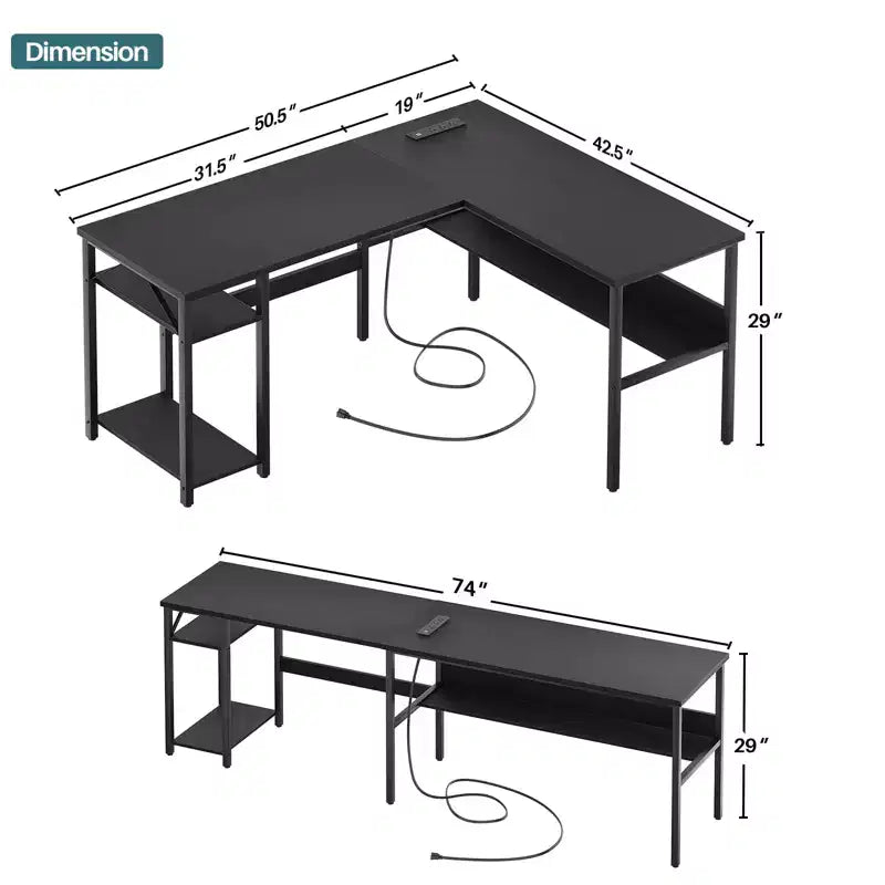 Bureau d'angle en L de 119 cm avec rangement, prise de courant et ports USB – Conception réversible