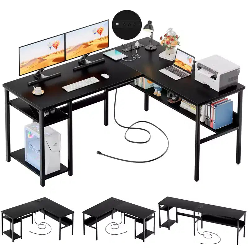 Bureau d'angle en L de 119 cm avec rangement, prise de courant et ports USB – Conception réversible