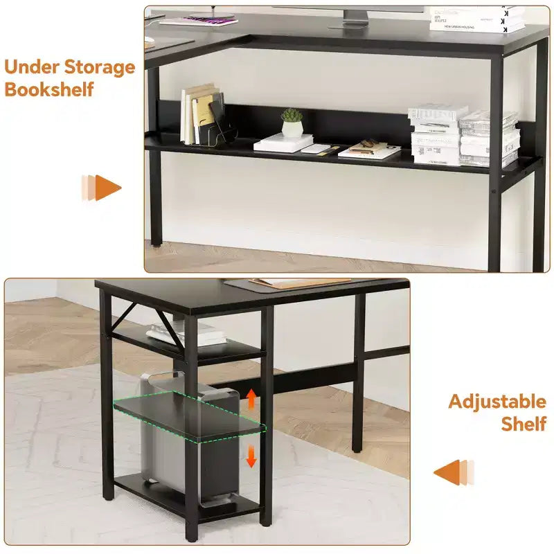 Bureau d'angle en L de 119 cm avec rangement, prise de courant et ports USB – Conception réversible
