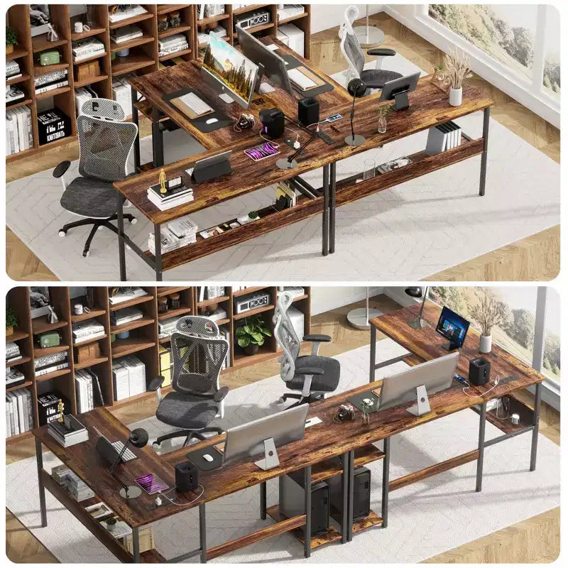 Bureau d'angle en L de 119 cm avec rangement, prise de courant et ports USB – Conception réversible