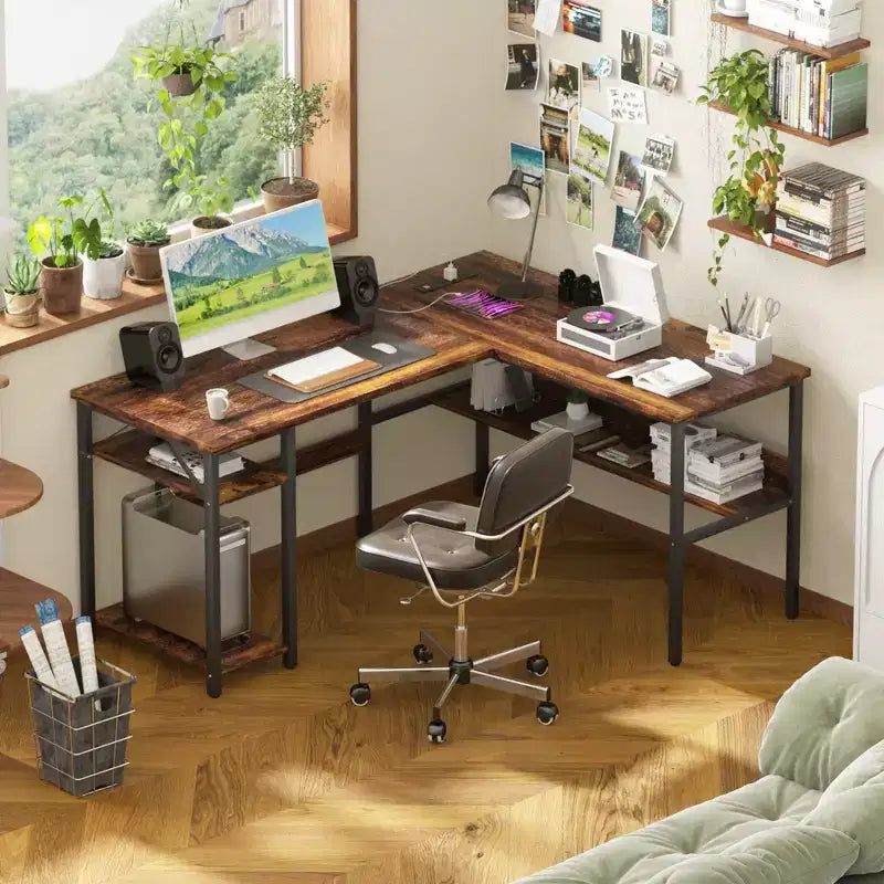 Bureau d'angle en L de 119 cm avec rangement, prise de courant et ports USB – Conception réversible