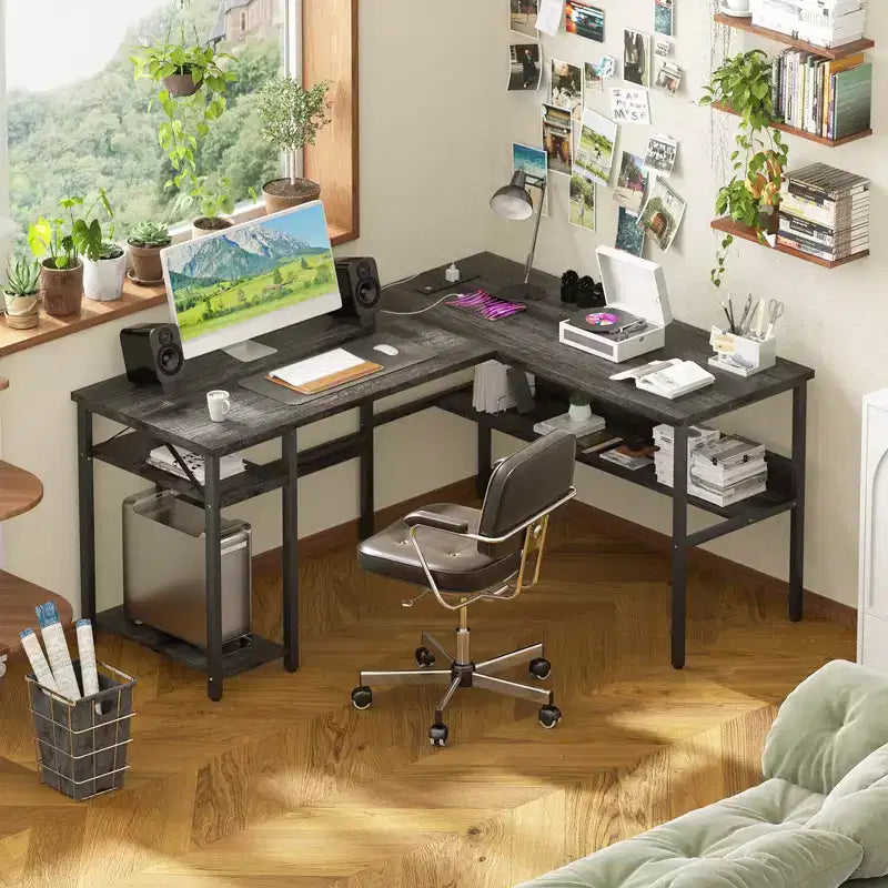Bureau d'angle en L de 119 cm avec rangement, prise de courant et ports USB – Conception réversible