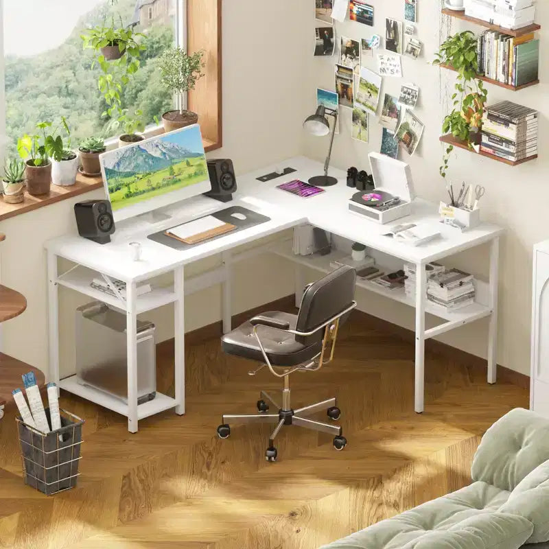 Bureau d'angle en L de 119 cm avec rangement, prise de courant et ports USB – Conception réversible