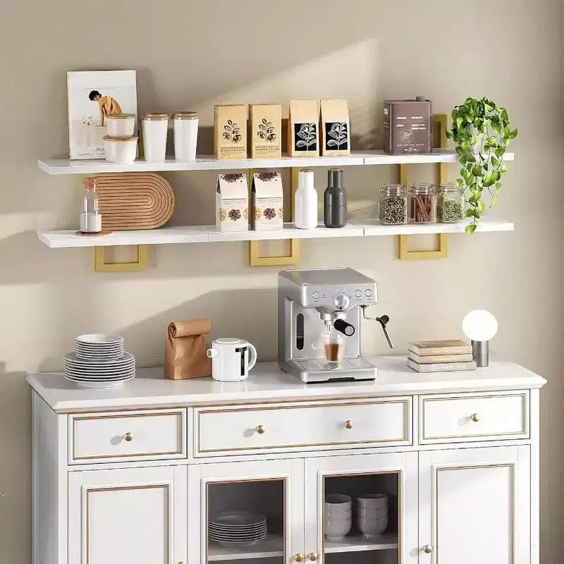 Étagères flottantes de 38 cm, lot de 3, blanc et or, rangement mural suspendu à 2 niveaux pour salle de bain, salon, chambre, cuisine
