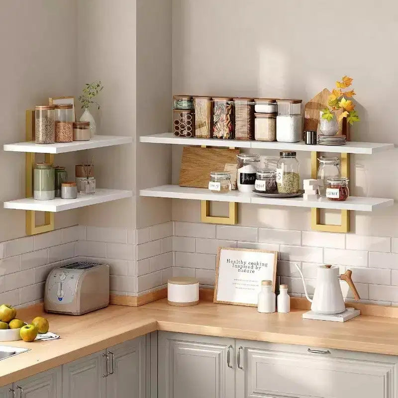 Étagères flottantes de 38 cm, lot de 3, blanc et or, rangement mural suspendu à 2 niveaux pour salle de bain, salon, chambre, cuisine