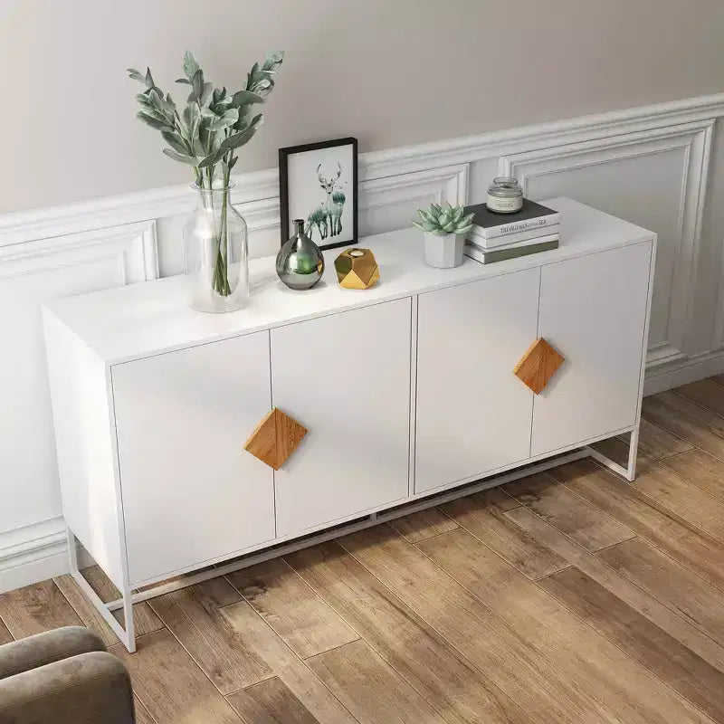 Buffet en bois massif avec 4 portes et double rangement – Poignées carrées