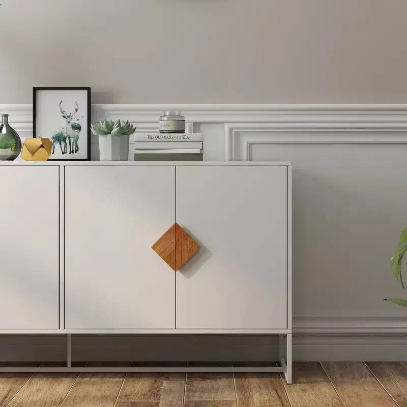 Buffet en bois massif avec 4 portes et double rangement – Poignées carrées