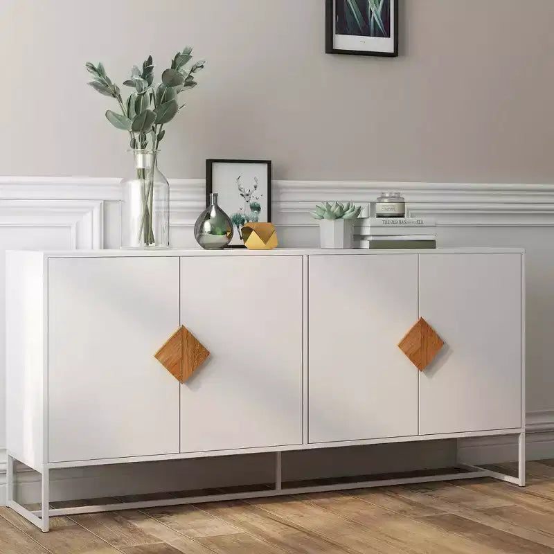 Buffet en bois massif avec 4 portes et double rangement – Poignées carrées