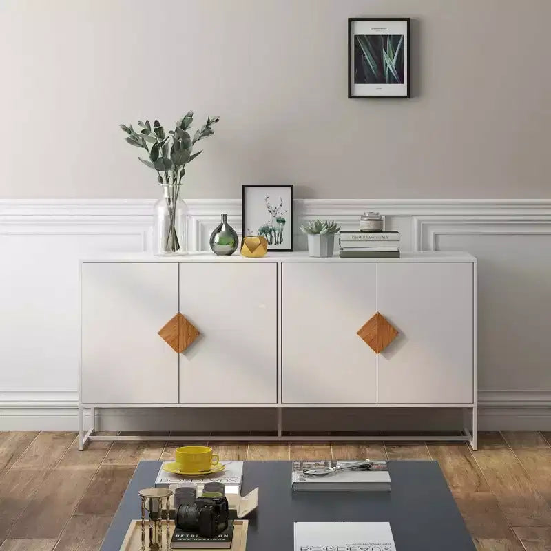 Buffet en bois massif avec 4 portes et double rangement – Poignées carrées