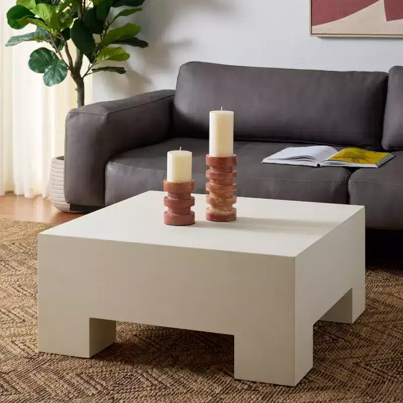 Table basse carrée – Oxyde de magnésium, design tambour sculptural, aucun assemblage requis