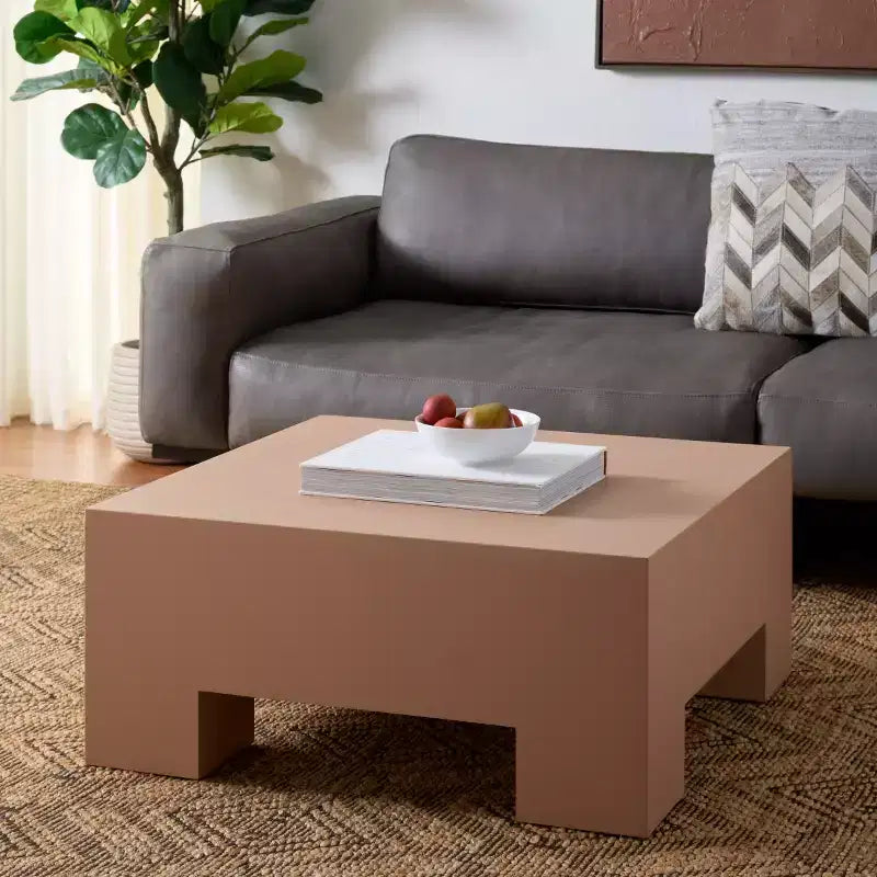 Table basse carrée – Oxyde de magnésium, design tambour sculptural, aucun assemblage requis