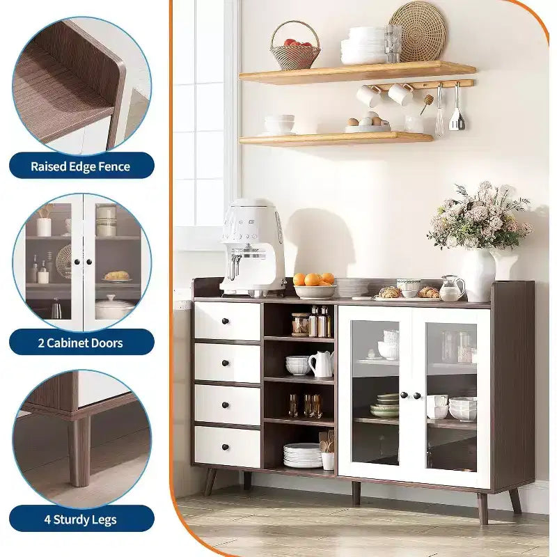 Buffet de cuisine avec tiroirs de 140 cm, bahut de ferme pour salle à manger et salon, placard de cuisine autoportant