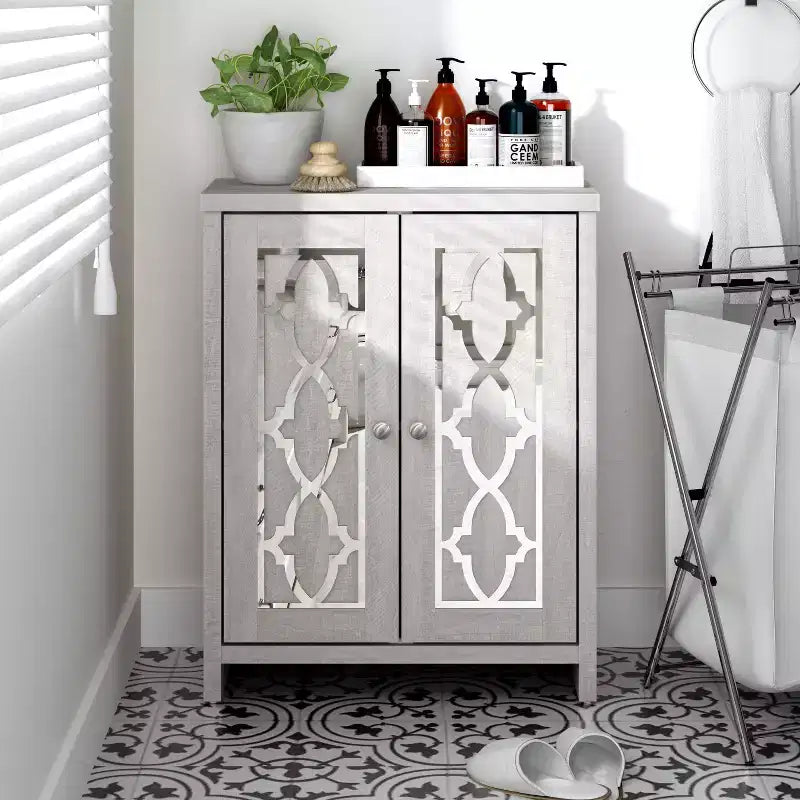 Galano Freestanding Bathroom Cabinet with Mirrored Doors in Dusty Gray Oak 25 W  11.7 D  32 H