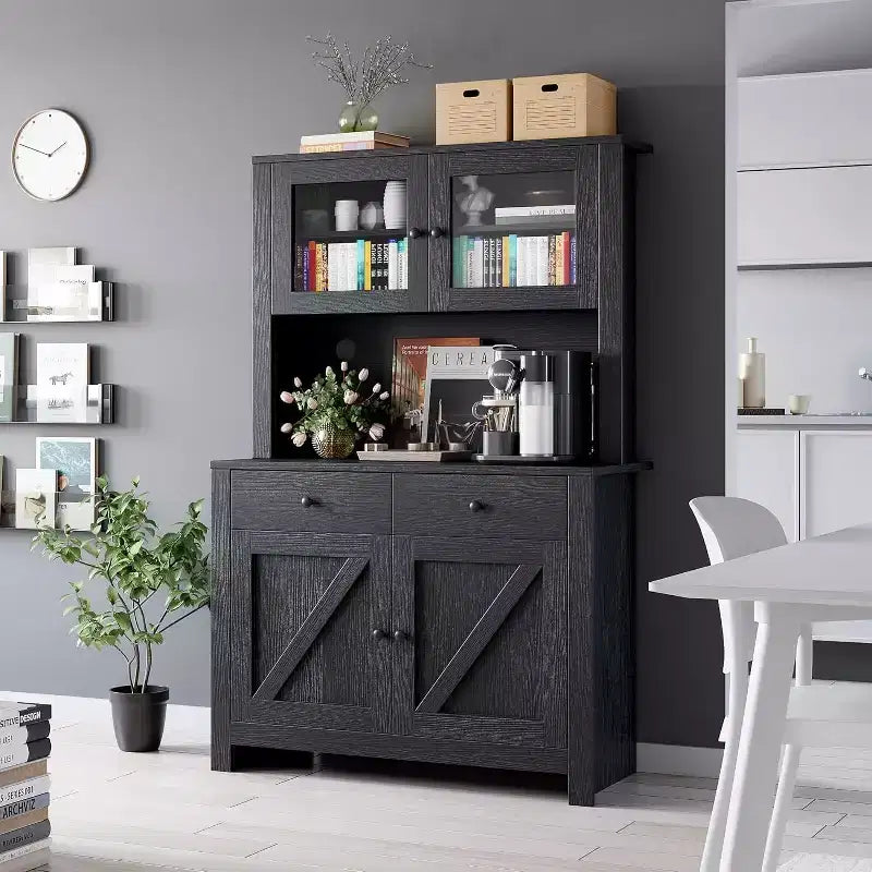 Armoire de cuisine multifonctionnelle, Meuble de rangement pour garde-manger avec support micro-ondes et bar à café, Buffet de rangement autoportant avec 4 portes et étagères réglables