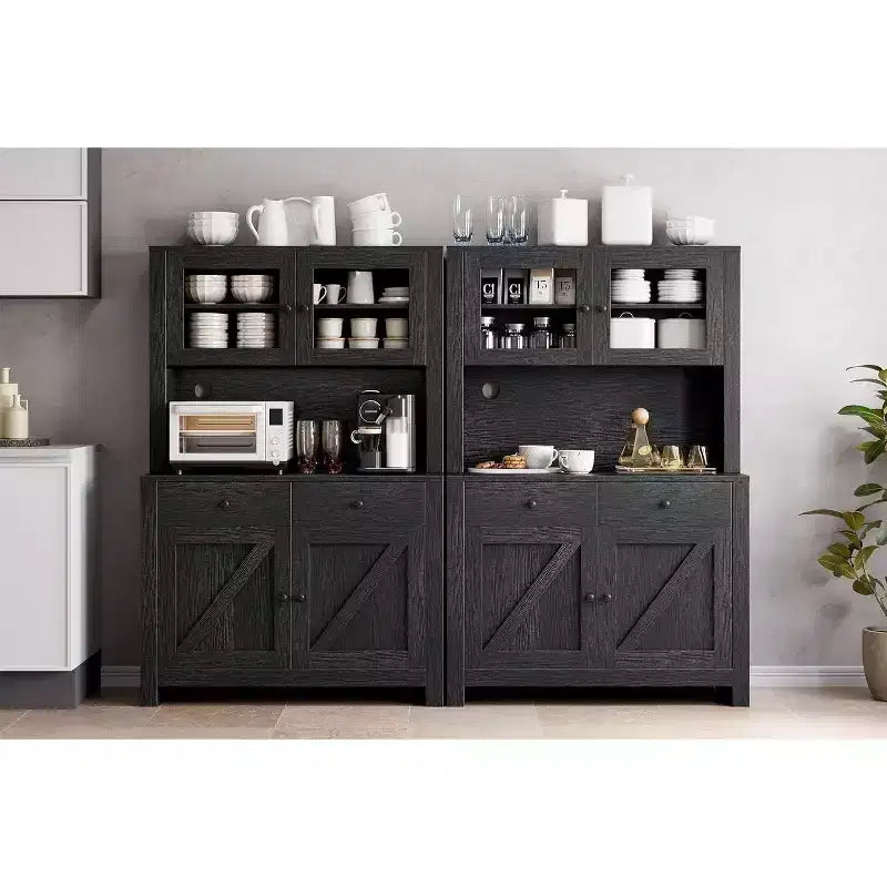 Armoire de cuisine multifonctionnelle, Meuble de rangement pour garde-manger avec support micro-ondes et bar à café, Buffet de rangement autoportant avec 4 portes et étagères réglables