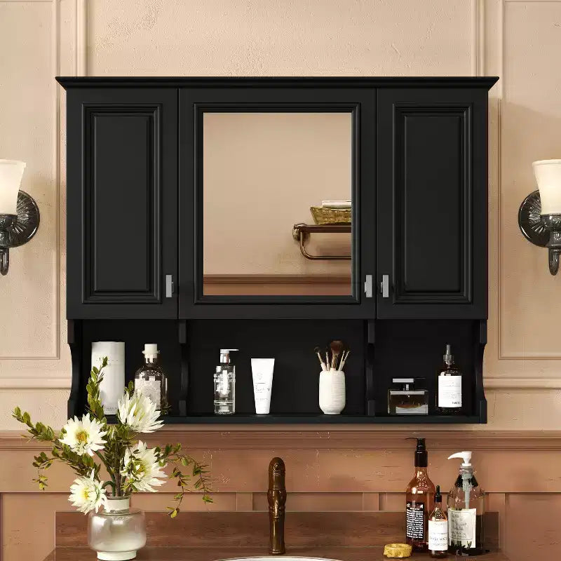 MAYEERTY Meuble haut de salle de bain 28,7 mural avec miroir, étagères ouvertes, noir