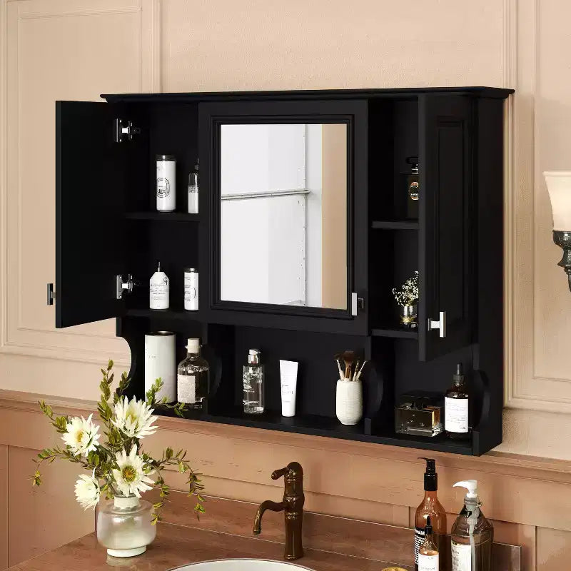 MAYEERTY Meuble haut de salle de bain 28,7 mural avec miroir, étagères ouvertes, noir
