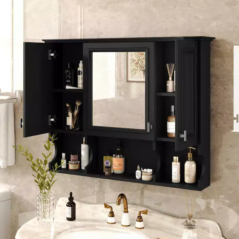 MAYEERTY Meuble haut de salle de bain 28,7 mural avec miroir, étagères ouvertes, noir