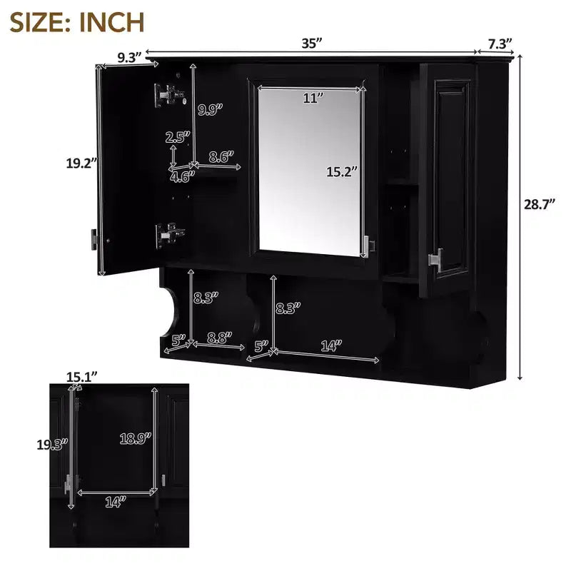MAYEERTY Meuble haut de salle de bain 28,7 mural avec miroir, étagères ouvertes, noir