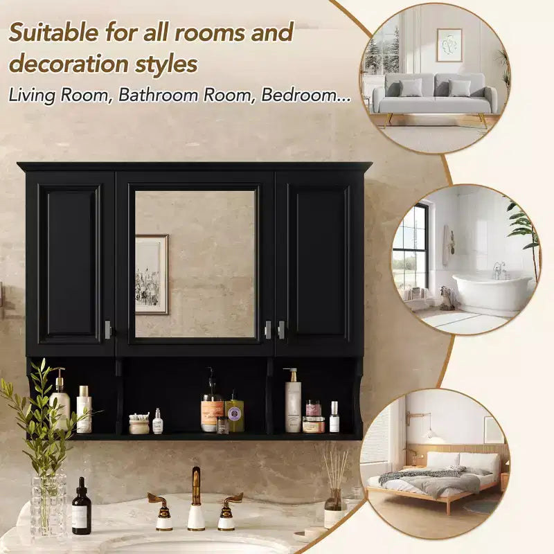MAYEERTY Meuble haut de salle de bain 28,7 mural avec miroir, étagères ouvertes, noir