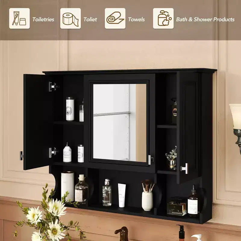 MAYEERTY Meuble haut de salle de bain 28,7 mural avec miroir, étagères ouvertes, noir