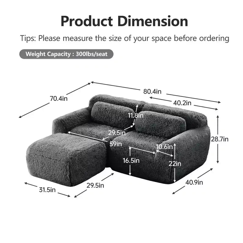 Canapé sans os en tissu peluche kaki clair de 203 cm avec coussins de jet et pouf en éponge haute densité 32D pour salons