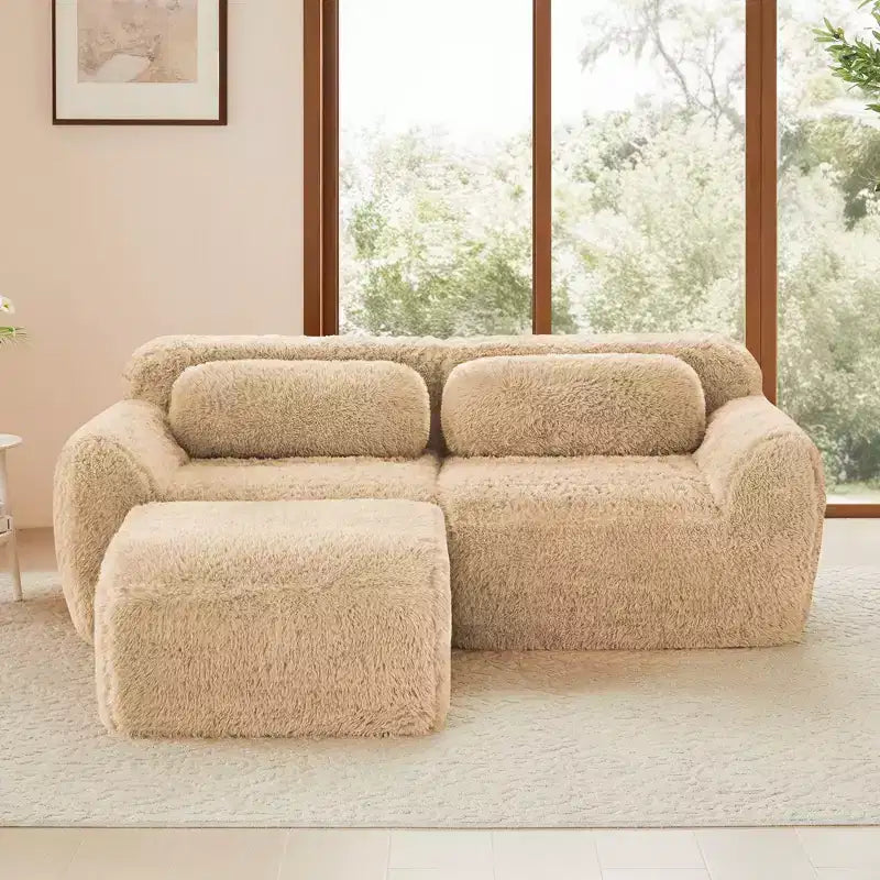 Canapé sans os en tissu peluche kaki clair de 203 cm avec coussins de jet et pouf en éponge haute densité 32D pour salons