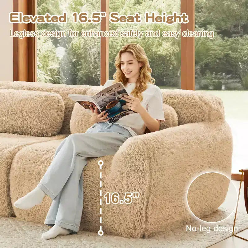 Canapé sans os en tissu peluche kaki clair de 203 cm avec coussins de jet et pouf en éponge haute densité 32D pour salons