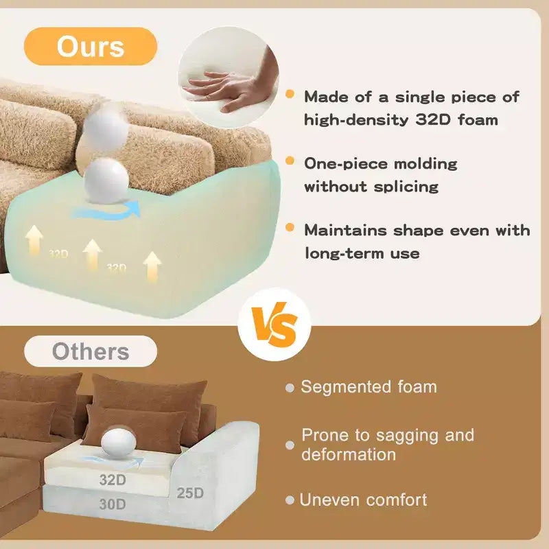 Canapé sans os en tissu peluche kaki clair de 203 cm avec coussins de jet et pouf en éponge haute densité 32D pour salons