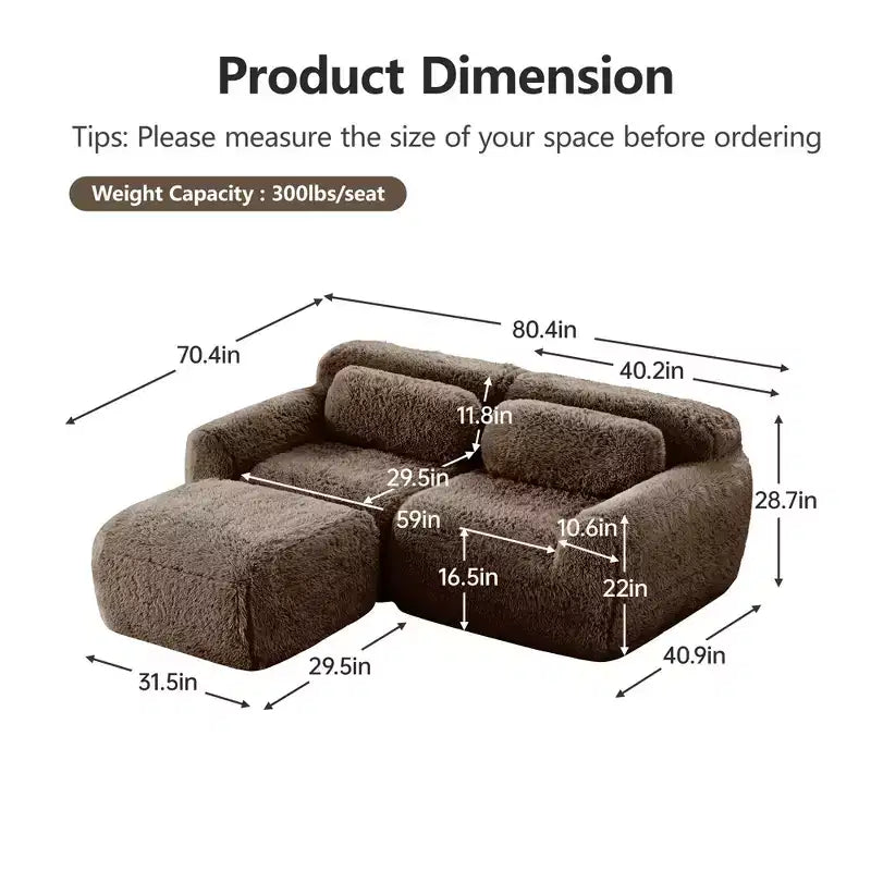 Canapé sans os en tissu peluche kaki clair de 203 cm avec coussins de jet et pouf en éponge haute densité 32D pour salons